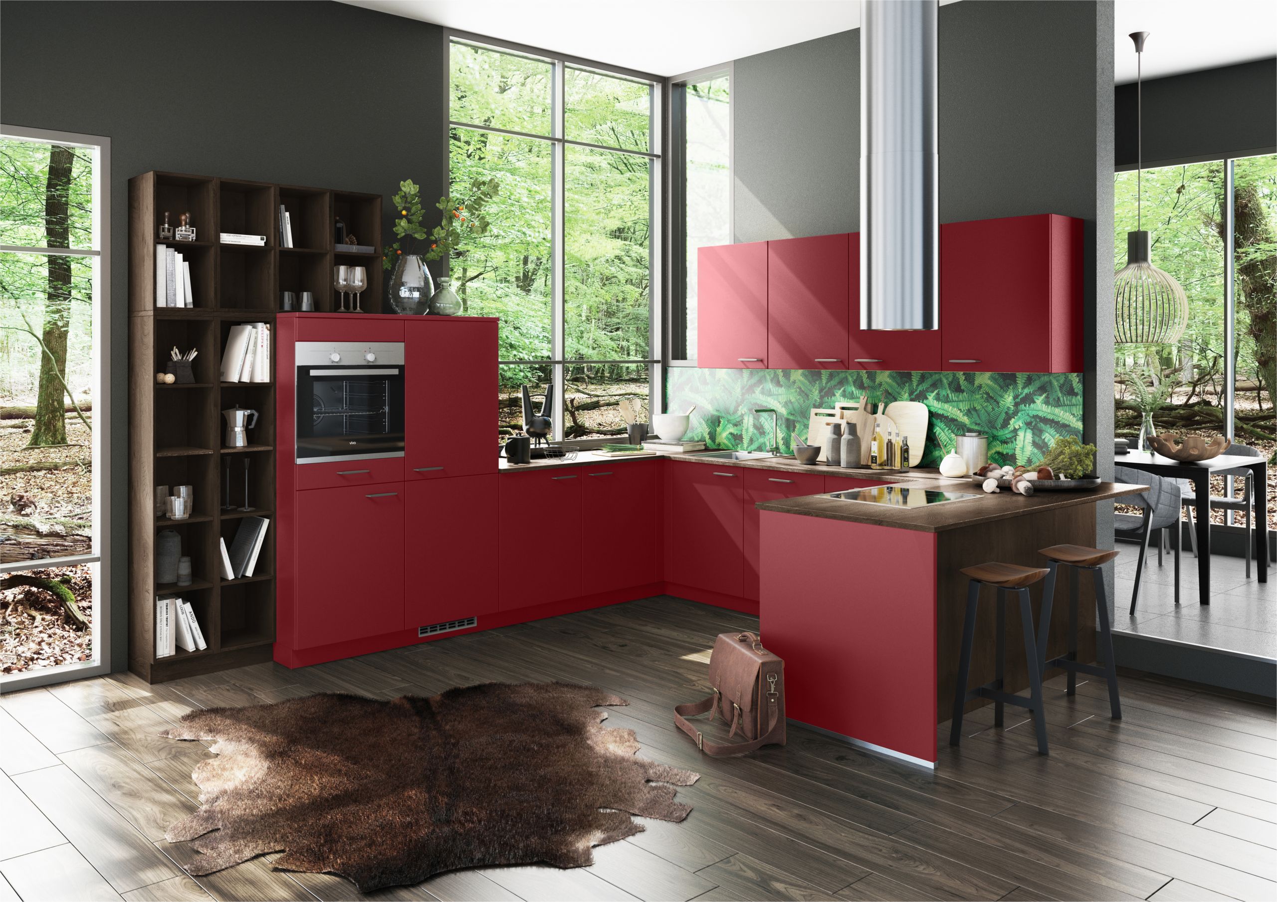 Graue Küche Rote Wand Kuchen Grau Holz
