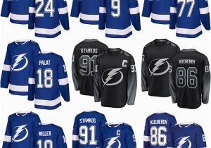 Kucherov Db Großhandel 2019 Tampa Bay Blitzhockey Trikots 91 Steven Stamkos 86 Nikita Kucherov 77 Victor Hedman 24 Ryan Callahan Neue Marke Blau Schwarz Von